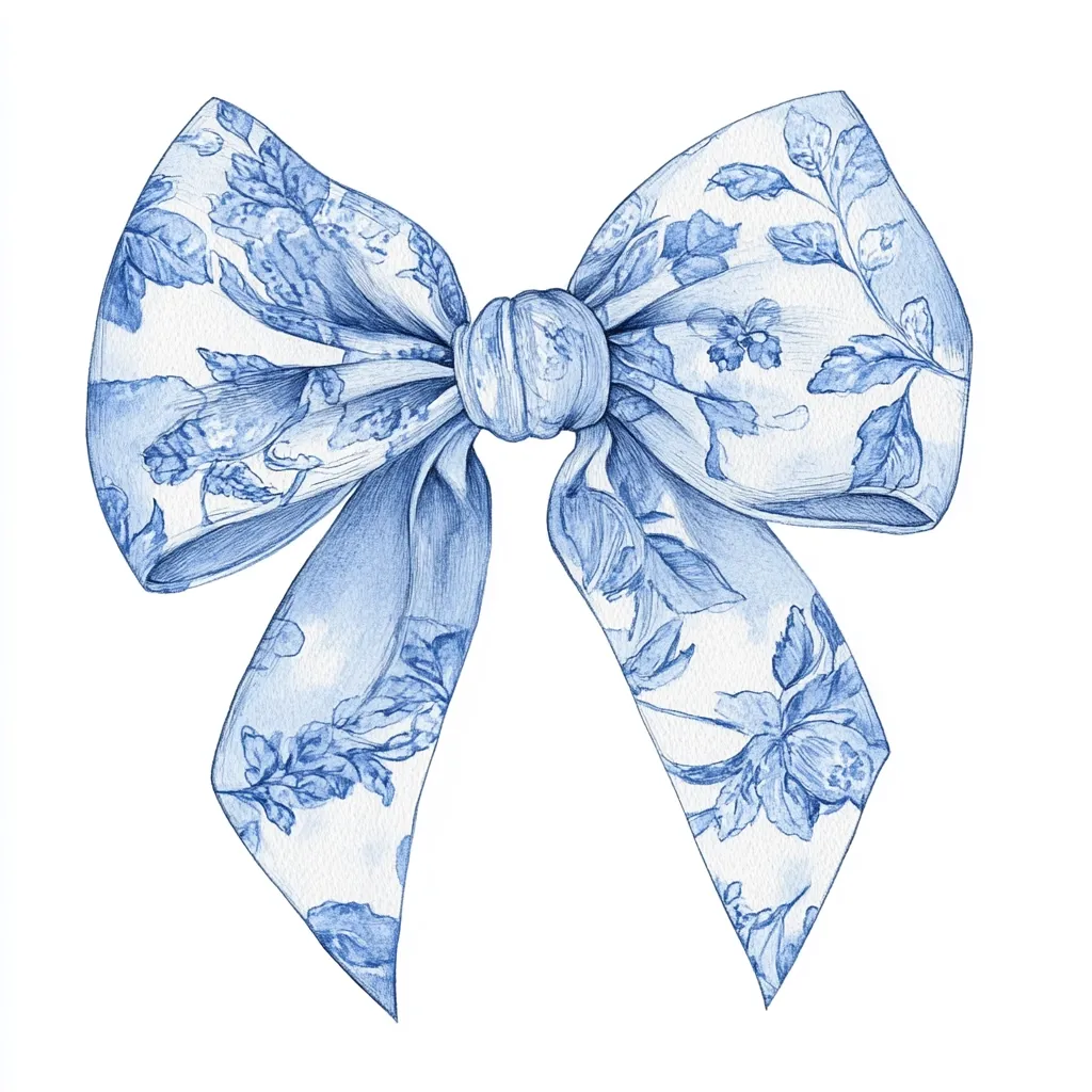 A watercolor illustration of a blue bow with a floral pattern. The bow is tied in a classic style, with the loops overlapping in the center. The pattern is delicate and features small blue flowers and leaves on a white background. The illustration is detailed and realistic, capturing the texture and drape of the fabric. The overall style is elegant and sophisticated.