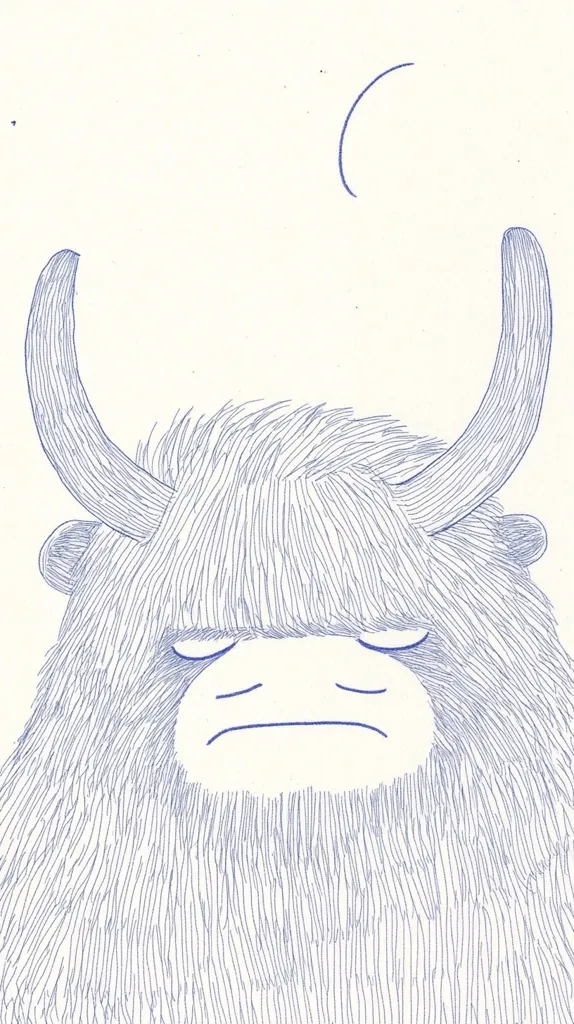 A line drawing of a furry creature, possibly a yak or similar animal, is depicted.  It has long, curved horns and a thick coat of fur meticulously rendered with thin, parallel lines. The creature's face is simple, with closed eyes and a slightly downturned mouth, conveying a calm or melancholic expression.  A small, crescent-shaped mark floats above its head. The overall style is minimalist and whimsical.
