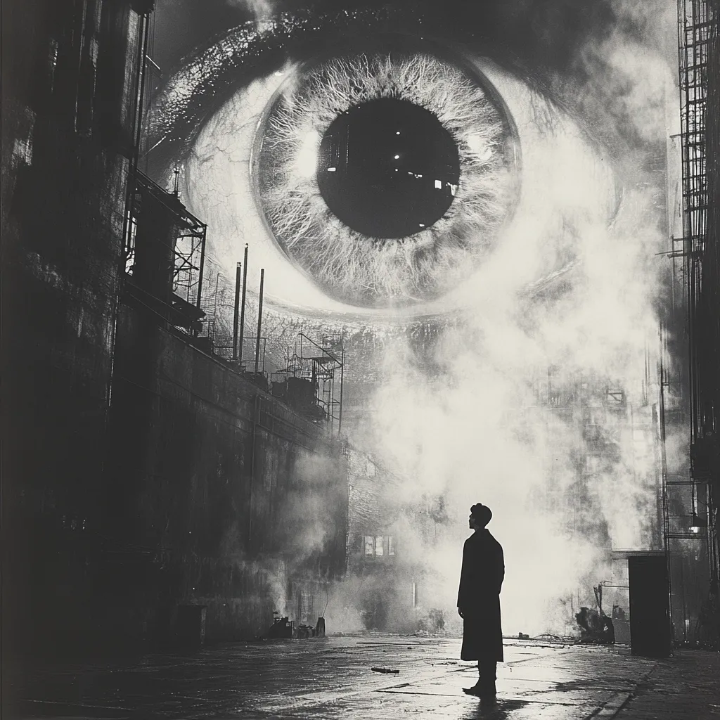 A solitary figure in a long coat stands silhouetted against a dramatic backdrop.  A colossal eye, seemingly floating in the smoky air, dominates the scene.  The setting appears to be an industrial wasteland, with decaying buildings and scaffolding under a dark sky, creating a surreal and ominous atmosphere. The image suggests themes of surveillance, power, and alienation.