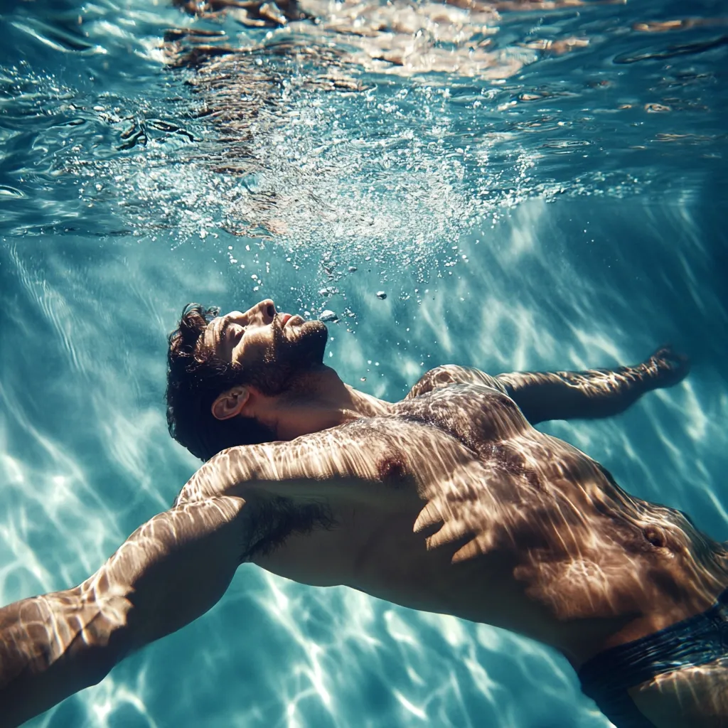 A muscular man floats effortlessly beneath the surface of a turquoise swimming pool.  Sunlight filters through the water, creating shimmering patterns on his body.  His head is tilted back, eyes closed, and bubbles rise from his mouth. The image evokes a sense of serenity and calm.  He wears dark swim briefs.