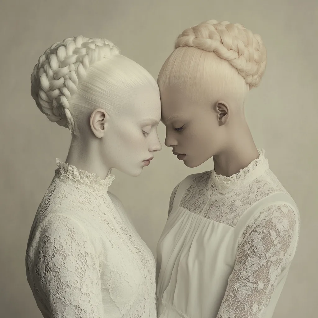 Two women with pale skin and elaborate braided updos stand close, foreheads touching. They wear identical, elegant, off-white lace blouses with high necks. The image is softly lit, creating a serene and ethereal mood.  Their closeness suggests intimacy or a shared connection, their pale complexions enhancing the overall sense of delicacy and mystery.