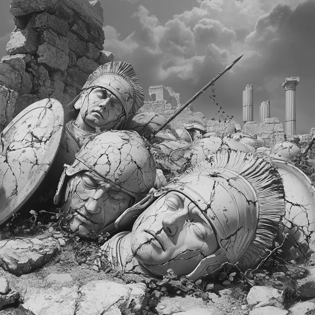 A monochrome image depicts a battlefield scene.  Crumbling Roman soldier statues, their helmets cracked and weathered, lie buried amidst the ruins of a classical temple.  A spear rests nearby, adding to the sense of devastation and the passage of time.  The scene suggests a catastrophic event, leaving behind only fragmented remnants of a once powerful army.