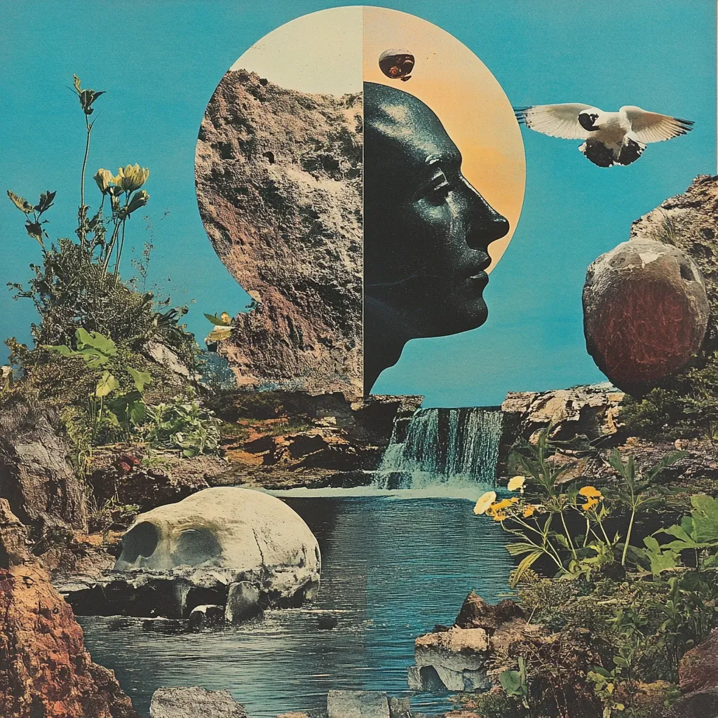 A surreal collage depicts a serene landscape featuring a waterfall, lush vegetation, and a skull in a tranquil pool.  Dominating the scene is a profile of a dark-skinned head, bisected by a rocky formation, set against a large, sun-like circle.  A bird in flight and a large boulder add to the dreamlike, mystical quality of the artwork. The colors are vibrant and evocative, creating a mood of contemplation and the passage of time.