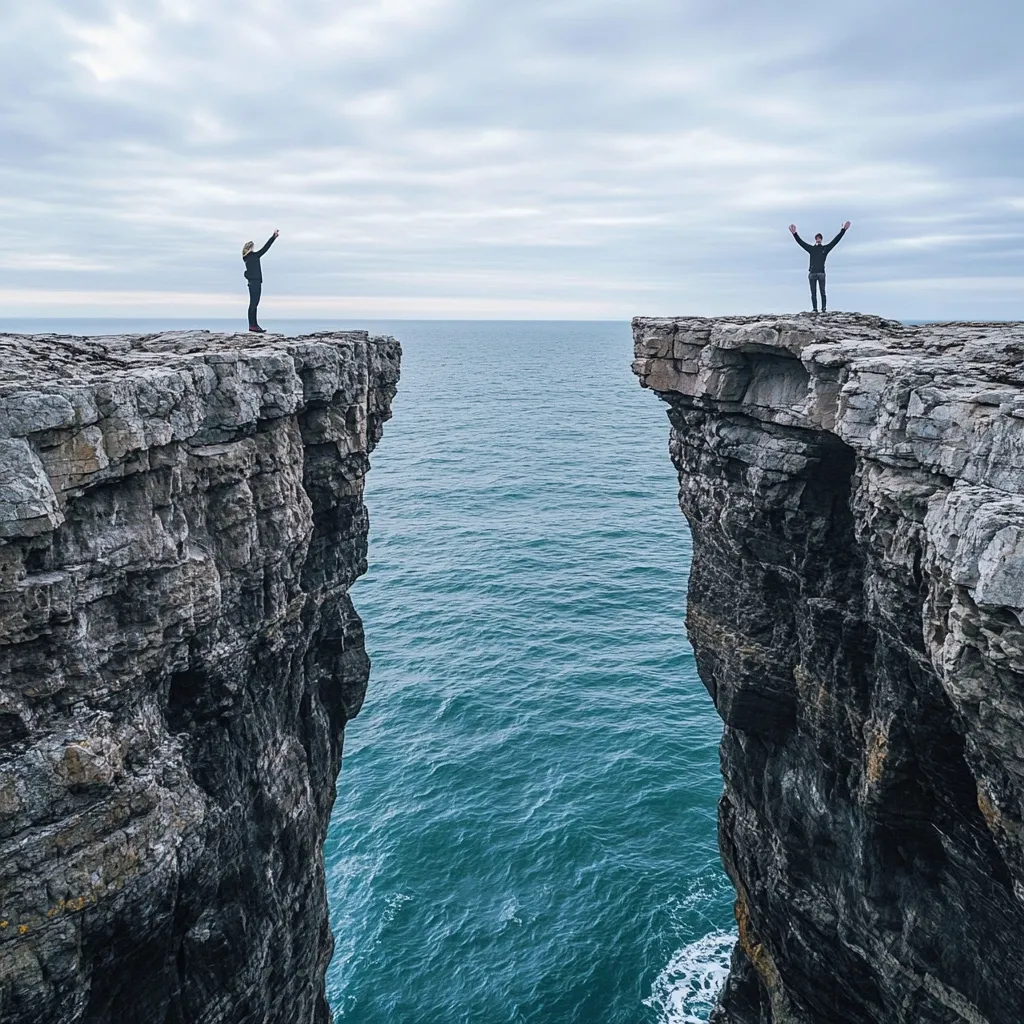 Two figures stand on opposite sides of a dramatic chasm carved into towering coastal cliffs.  The vast, deep blue ocean stretches between them.  Both individuals have their arms outstretched, suggesting a sense of connection or separation across the impassable divide. The rugged texture of the cliffs contrasts with the smooth expanse of the sea.  The overall scene evokes feelings of isolation and distance, yet also a potential connection.