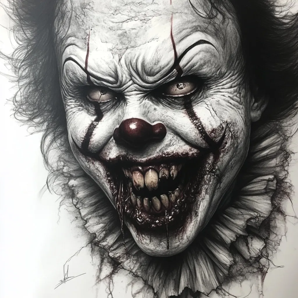 A chilling grayscale drawing depicts a terrifying clown's face.  The clown's expression is one of malicious glee, with a wide, grotesque grin revealing decaying teeth and blood-stained lips.  His eyes are wide and unnervingly bright, contrasting with the dark, shadowed areas of his face.  The detailed rendering emphasizes texture, making the clown appear both monstrous and unsettlingly realistic. The ruffled collar adds to the overall macabre effect.