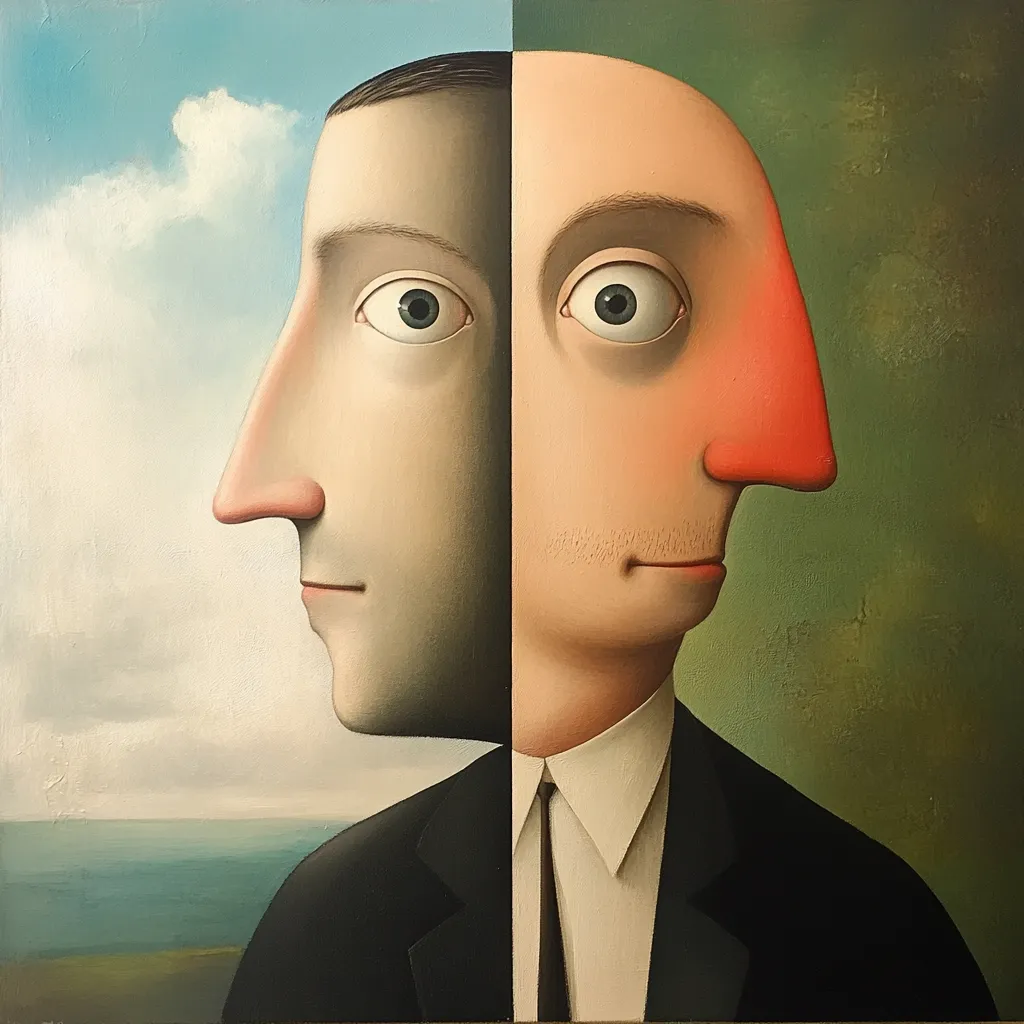 A surrealist painting depicts a man's face bisected, revealing two distinct personalities. One side is pale, with a somber expression, while the other is flushed, with a noticeably larger, red nose and a hint of a smile.  The man is dressed in a dark suit and white collared shirt, suggesting formality. The background contrasts a serene seascape with a darker, textured green.  The artwork explores the duality of human nature.
