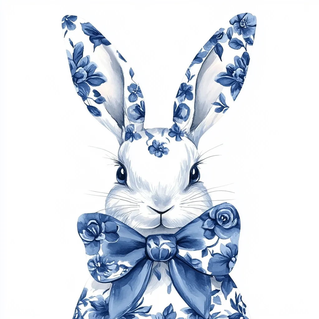 A charming watercolor illustration depicts a white rabbit adorned in a blue and white floral pattern.  Its long ears and bow tie are similarly decorated, creating a cohesive and elegant design. The rabbit's expression is gentle and sweet, adding to its overall appealing aesthetic.  The style evokes a sense of delicate artistry and springtime charm.