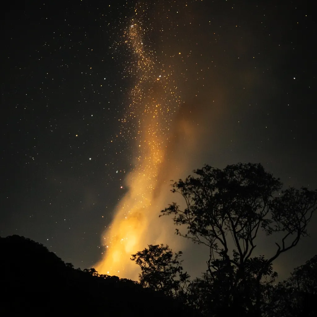 A nighttime scene of a large bonfire burning brightly against a starlit sky.  The flames and embers rise high, creating a fiery column that contrasts with the dark silhouettes of trees on a hillside.  The Milky Way is faintly visible, adding to the celestial ambiance. The overall mood is one of warmth and wonder.