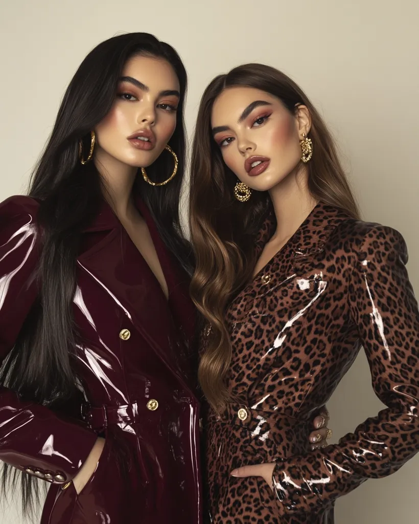 Two young women pose for a fashion photograph.  One wears a glossy burgundy blazer, the other a leopard-print vinyl jumpsuit. Both have long, flowing hair and wear large gold hoop earrings. Their makeup is dramatic, featuring bold brows and lips. The image is styled with a sophisticated, glamorous aesthetic.