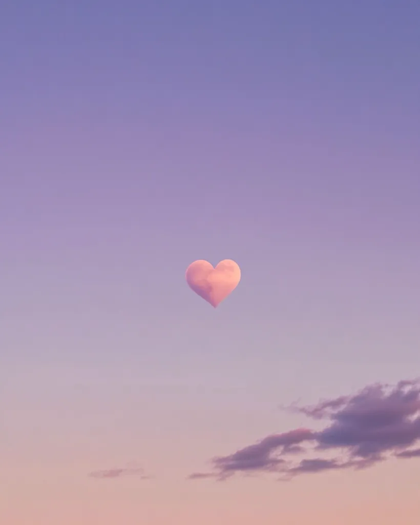 A heart-shaped cloud floats in a pastel sky at sunset.  The soft pink and purple hues create a dreamy, romantic atmosphere.  A few wispy clouds are visible in the lower right corner, contrasting against the clear sky.  The overall image evokes feelings of peace and serenity.