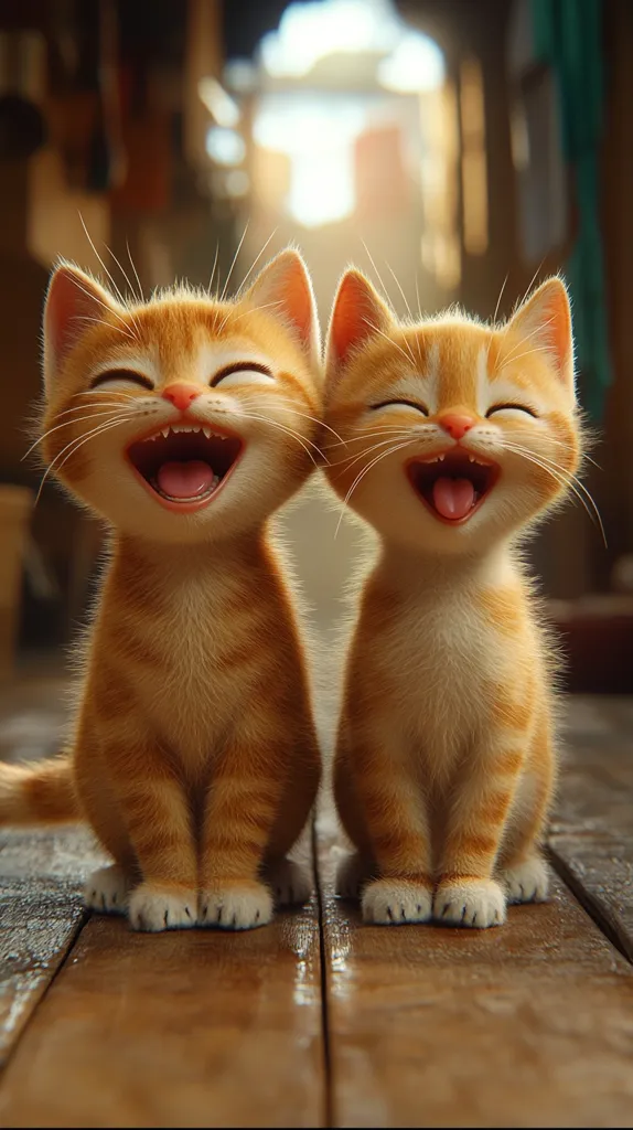 Two adorable ginger kittens sit side-by-side on a wooden floor, their mouths open in joyful expressions.  Their fur is fluffy and their eyes are closed in happy contentment.  The background is blurred, suggesting a sunny alleyway. The image evokes feelings of warmth and happiness.