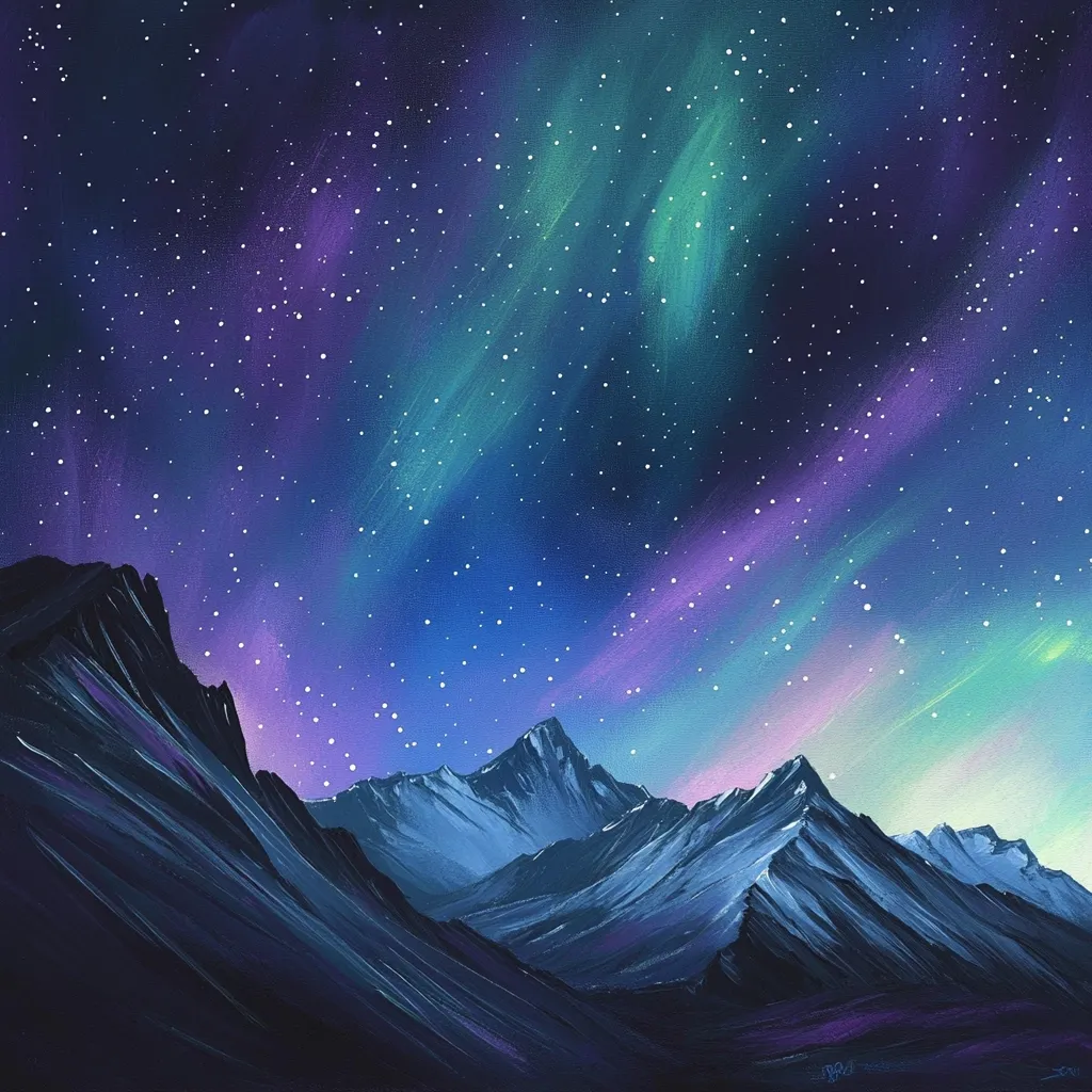 A breathtaking painting depicts a majestic mountain range silhouetted against a vibrant night sky.  Swirling hues of purple, teal, and green aurora borealis paint the heavens, punctuated by countless twinkling stars. The mountains are rendered in cool blues and purples, their peaks sharply defined against the luminous backdrop.  The overall effect is one of serene, awe-inspiring beauty.