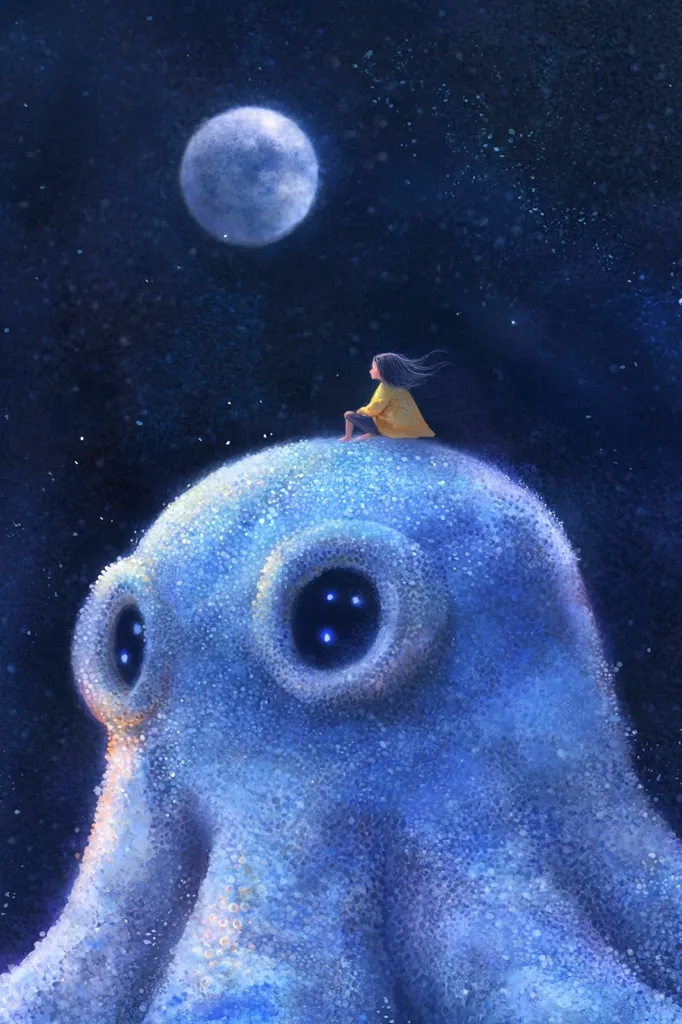A small girl in a yellow coat sits atop a giant, luminous blue octopus under a starry night sky.  A large, pale moon hangs in the heavens. The scene is dreamlike and whimsical, evoking a sense of wonder and peaceful solitude. The octopus appears gentle and friendly, its large, glowing eyes adding to the magical atmosphere.  The overall tone is serene and captivating.