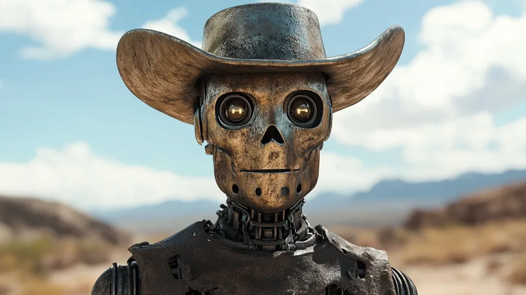 A weathered, metallic robot, resembling a skull, dons a worn cowboy hat. Its glowing eyes peer out from the shadowed face, the metallic body showing signs of age and wear.  The robot stands in a desolate, sun-drenched desert landscape under a partly cloudy sky, mountains visible in the background. The overall image evokes a futuristic Western setting.