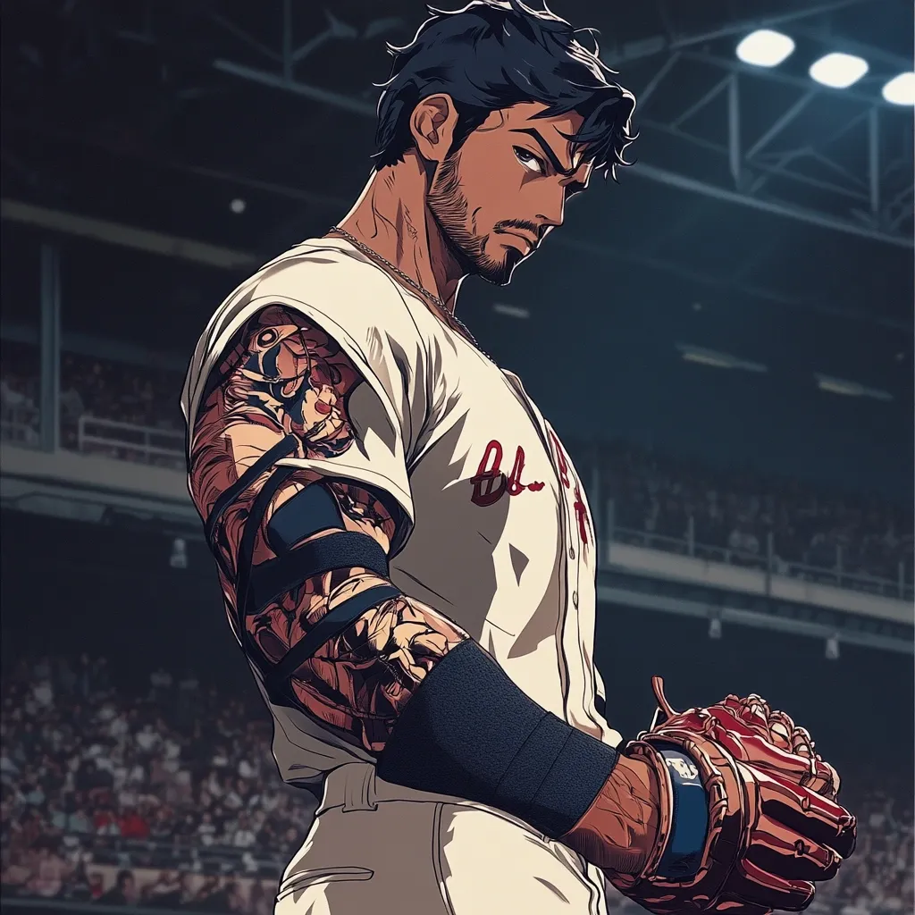 A muscular, tattooed baseball player stands in a stadium, his gaze intense.  He's wearing a white baseball uniform with a stylized logo, and a red and gold catcher's mitt rests in his hand.  His dark hair and beard are sharply defined, creating a striking contrast against his heavily inked arm. The background suggests a large, crowded stadium, hinting at the energy of the game. The artwork style is reminiscent of anime or manga, with bold lines and dynamic shading.