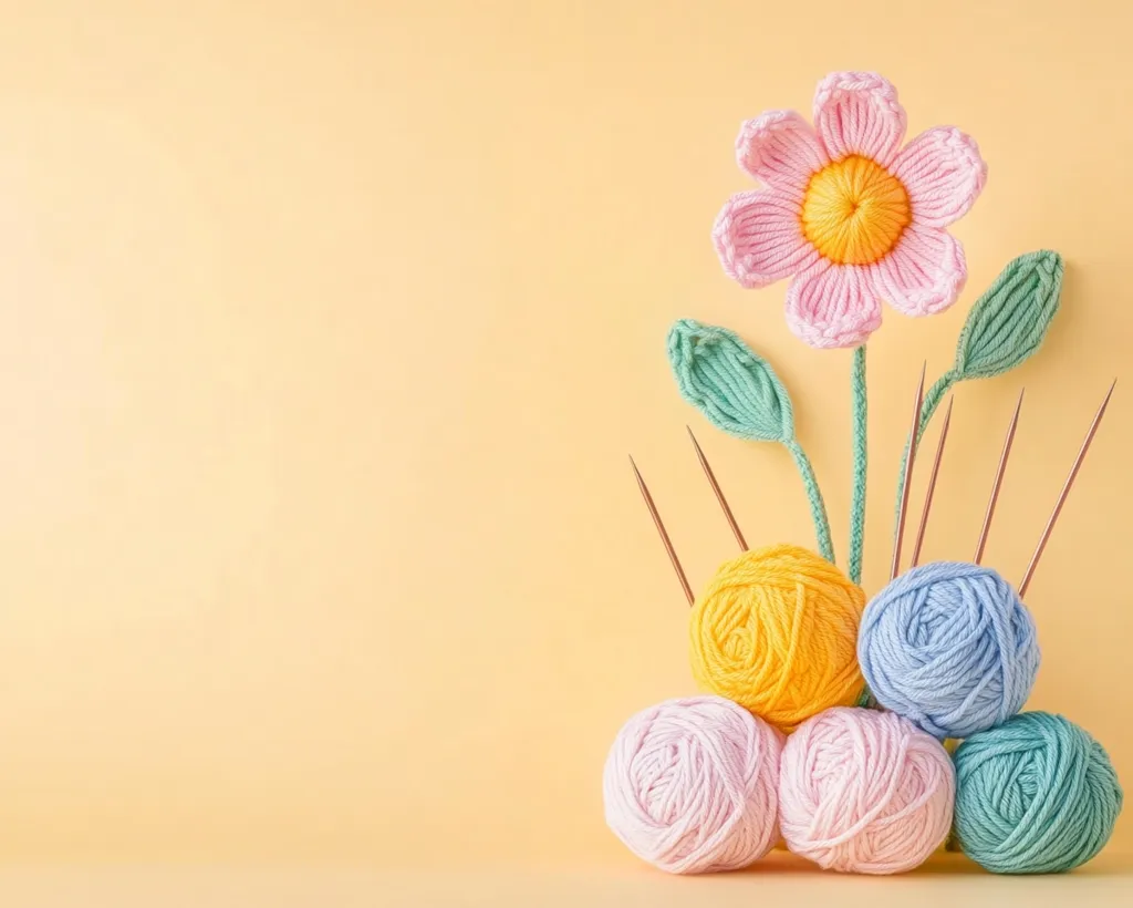 A pastel-colored yarn flower arrangement sits against a pale yellow background.  The flower, leaves, and stems are all crocheted from yarn.  Below the flower, several balls of yarn in various pastel shades are arranged, with knitting needles sticking out from behind them.  The image evokes a sense of springtime and crafting.
