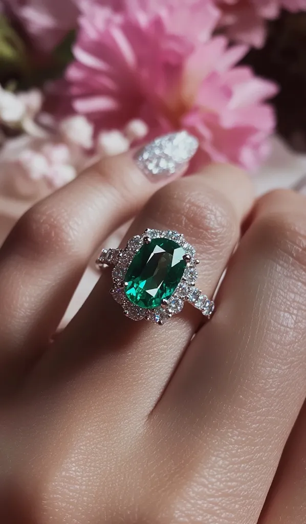 A close-up shot showcases a woman's hand adorned with a stunning ring. The ring features a vibrant, emerald-cut green gemstone encircled by a halo of smaller, sparkling diamonds.  The setting is white gold or platinum, complementing the rich green of the central stone. The background is blurred, with soft pink flowers adding a romantic touch.