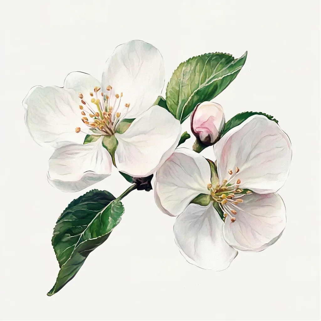 A watercolor painting showcases two delicate apple blossoms in full bloom.  Their pristine white petals are subtly shaded, revealing a soft, almost translucent quality.  Vibrant yellow stamens punctuate the flower's centers. Lush green leaves provide a contrasting backdrop, enhancing the blossoms' ethereal beauty against a clean white background.  A closed bud hints at the promise of more blooms to come.