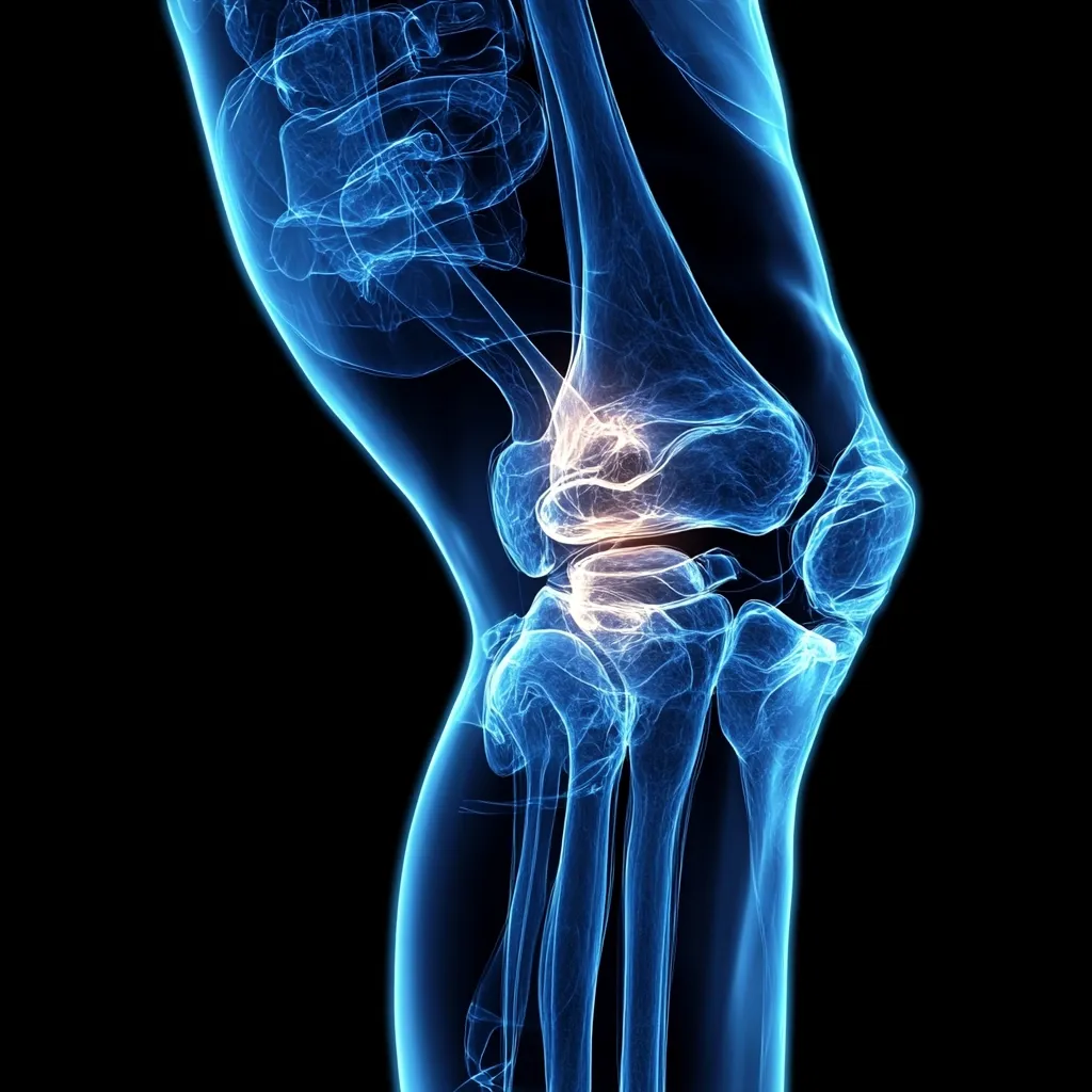 This 3D medical illustration showcases a human knee joint in translucent blue, highlighting the intricate bone structure.  The patella and articular cartilage are emphasized with a brighter glow. The image provides a detailed anatomical view, ideal for medical education or reference.  The dark background enhances the clarity of the skeletal elements.
