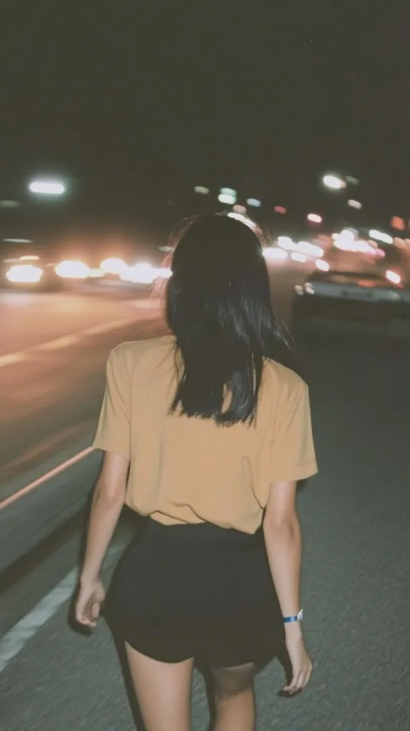 A young woman with long black hair walks away from the camera on a city street at night.  She's wearing a mustard yellow short-sleeved shirt and black shorts. The background is blurred, showing the bright lights of traffic in motion. The overall mood is melancholic and slightly mysterious.