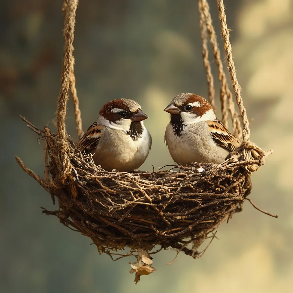 Two sparrows sit nestled together in a small, rustic bird's nest.  The nest is delicately crafted from twigs and hangs suspended by a simple rope swing.  The sparrows are positioned side-by-side, creating a charming and peaceful scene against a soft, blurred background.  The overall image evokes feelings of warmth and domesticity.