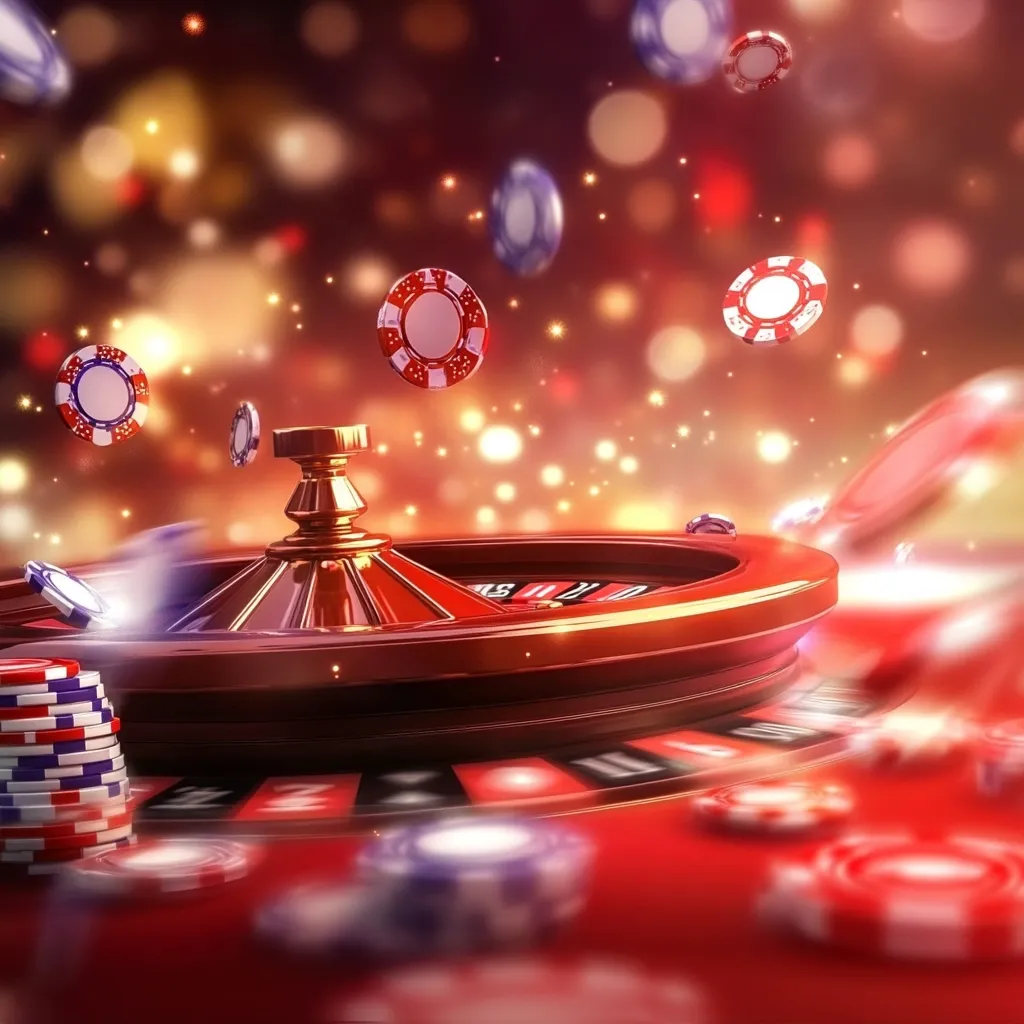 A vibrant casino roulette wheel is depicted, surrounded by a flurry of chips in motion.  Red and white chips are scattered across the felt, creating a dynamic and exciting atmosphere.  The background is a bokeh of warm, golden lights, enhancing the sense of glamour and energy associated with casino gambling. The overall image conveys the thrill and excitement of a game in progress.