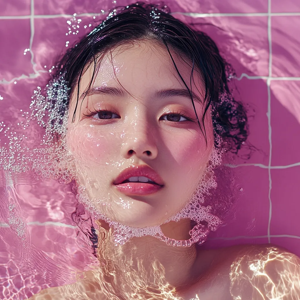 A young woman with dark hair is submerged in a pink tiled bathtub, her face partially covered in water and bubbles.  Soft, diffused light illuminates her features, highlighting her delicate makeup and rosy cheeks. The overall mood is serene and ethereal, creating a visually captivating image.