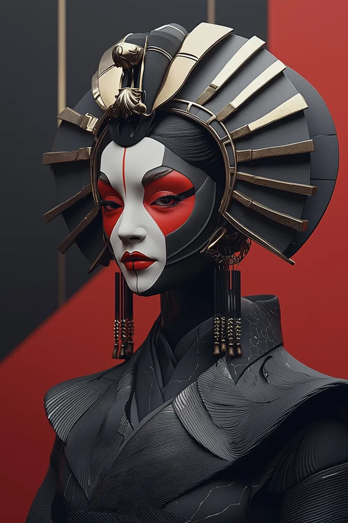 A stylized female figure, possibly a digital rendering, is depicted wearing an elaborate headdress resembling a futuristic Kabuki mask. The headdress is predominantly black and gold, with intricate details. Her face is painted in bold red and white, contrasting with the dark attire.  Long, dangling earrings accentuate the dramatic effect. The overall aesthetic blends traditional Japanese elements with a modern, cyberpunk feel.