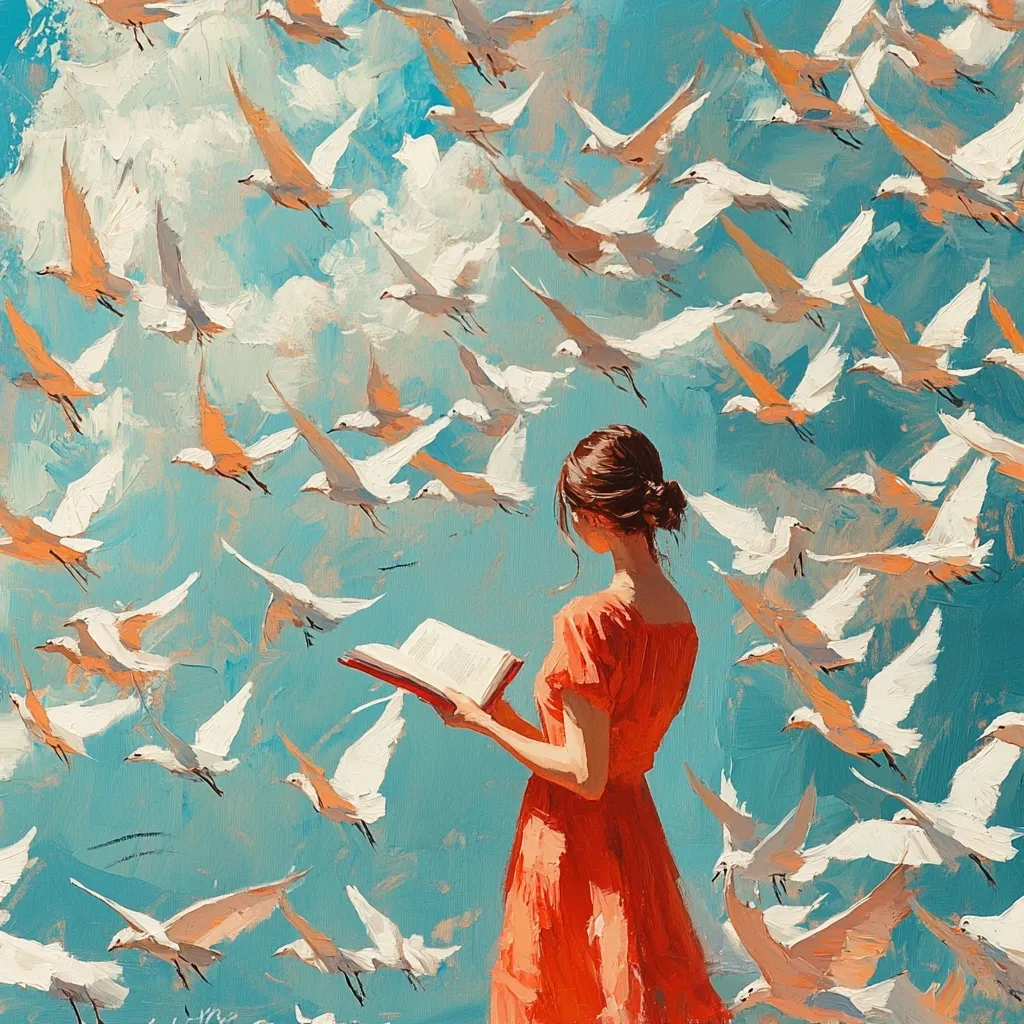 A woman in a coral dress stands amidst a vibrant sky filled with numerous white birds in flight.  She holds an open book, seemingly engrossed in its contents. The painting style is impressionistic, with loose brushstrokes creating a sense of movement and freedom, connecting the woman's reading to the soaring birds.  The overall mood is serene and peaceful.