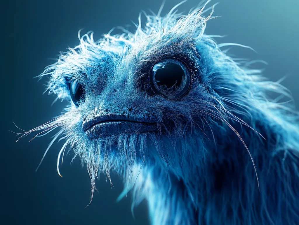 A close-up reveals a digitally enhanced image of a creature, possibly an emu chick, rendered in shades of blue.  Its fluffy plumage is emphasized, and its large, dark eyes are prominent. The overall effect is surreal and otherworldly, highlighting the texture and detail of the animal's features. The background is a muted teal, drawing focus to the creature's vibrant blue tones.
