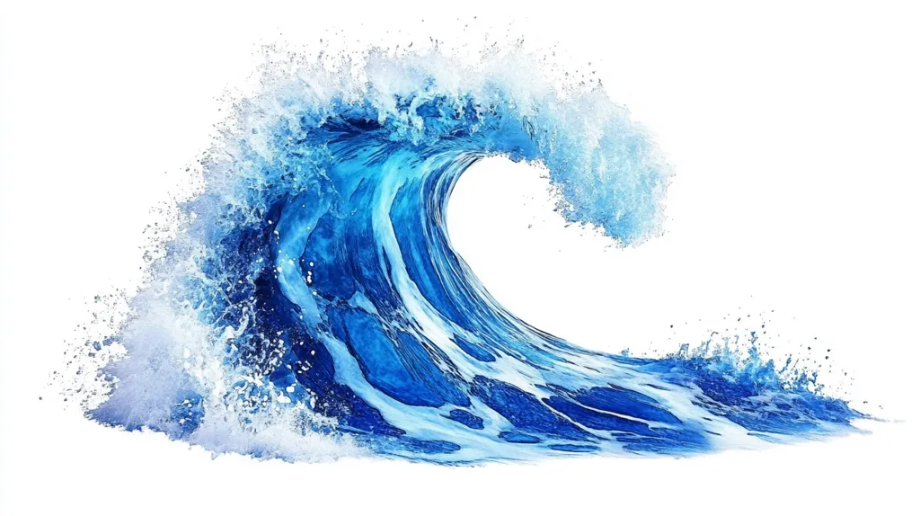 A vibrant blue ocean wave, captured in a dynamic moment, curls majestically against a stark white background.  Whitecaps and spray accentuate the wave's power and movement, creating a sense of energy and fluidity. The image showcases the wave's texture and the interplay of light and water, making it a captivating visual.