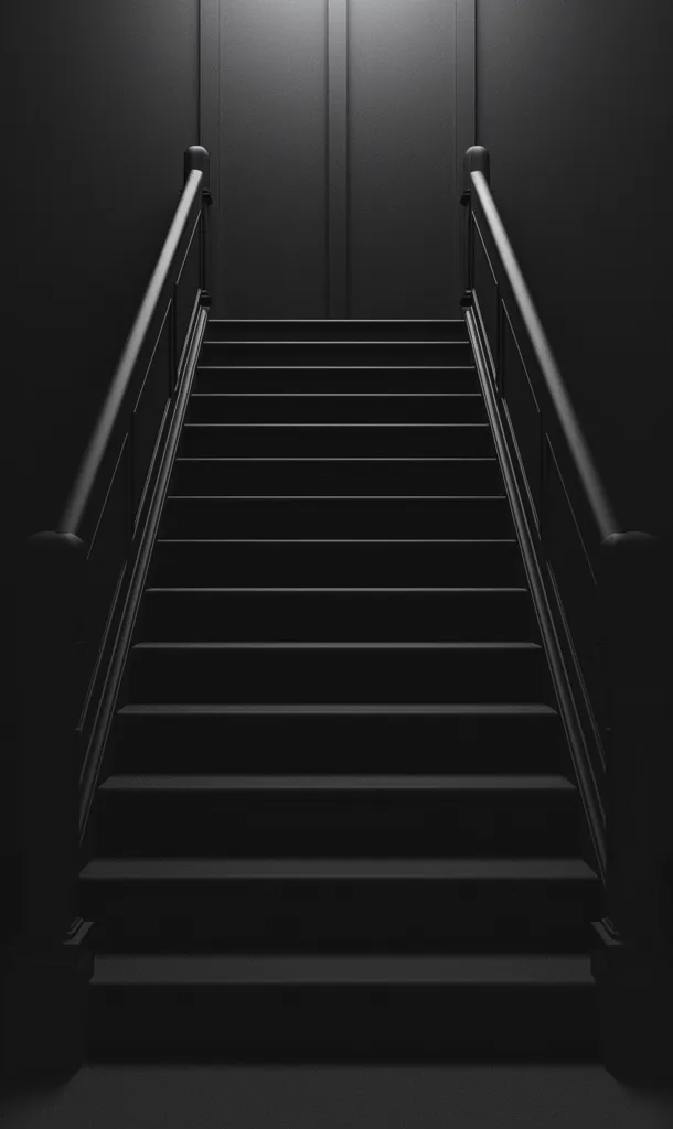 A dark, shadowy staircase ascends towards a dimly lit doorway.  The stairs and banisters are a uniform, deep black, creating a stark and minimalist aesthetic.  The image evokes a sense of mystery and perhaps isolation, with the light source seemingly emanating from the top of the stairs.  The scene is simple yet impactful, emphasizing lines and contrast.