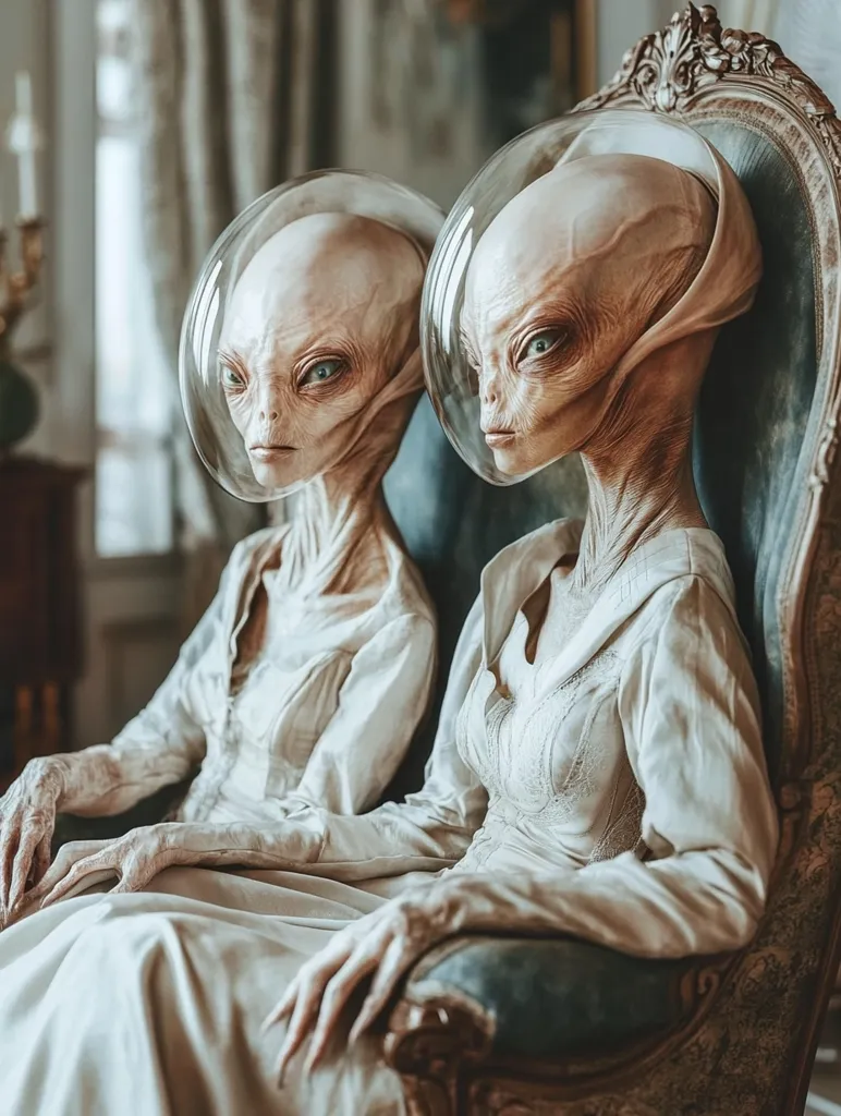 Two grey alien figures, depicted with pale skin and large heads, are seated side-by-side on an ornate antique chair. They wear long, flowing white dresses, evoking a sense of elegant fragility.  Their heads are encased in clear, bubble-like helmets. The setting appears to be a grand, old room, suggesting a juxtaposition of otherworldly beings and a classical interior.  The image is strikingly detailed and visually arresting.