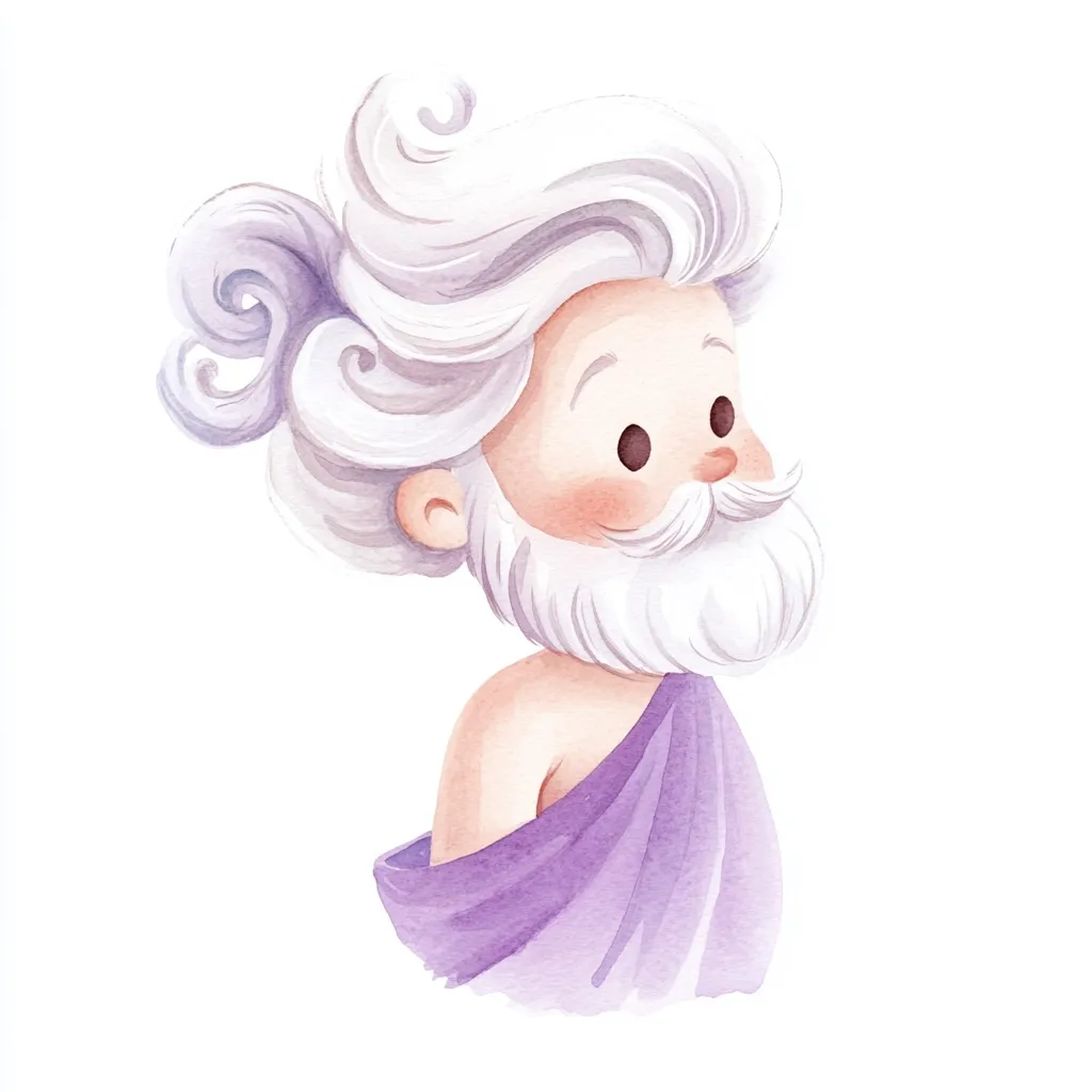 A watercolor illustration of a whimsical, elderly character.  He possesses a voluminous, white, curly hairstyle tied up in a bun, a fluffy white beard and mustache, and rosy cheeks.  He's depicted from the shoulders up, wearing a lavender toga-like garment.  His expression is gentle and pleasant, conveying a sense of calm and wisdom. The style is cute and cartoonish.