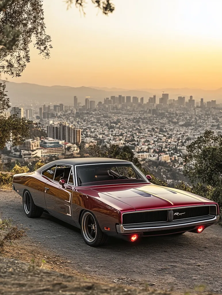 A classic maroon Dodge Charger R/T sits majestically on a hilltop overlooking a sprawling cityscape at sunset. The car's glossy paint and powerful stance are accentuated by the warm golden light.  The city skyline stretches into the distance, providing a dramatic backdrop to this iconic muscle car. The overall scene evokes a sense of freedom and nostalgia.
