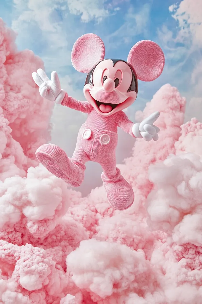 A pink Mickey Mouse, rendered in a soft, plush fabric, joyfully leaps through a dreamy landscape of cotton candy clouds.  His cheerful expression and outstretched arms add to the whimsical, lighthearted atmosphere. The pastel pink color scheme creates a sweet and playful mood, ideal for a child's fantasy or a whimsical advertisement.