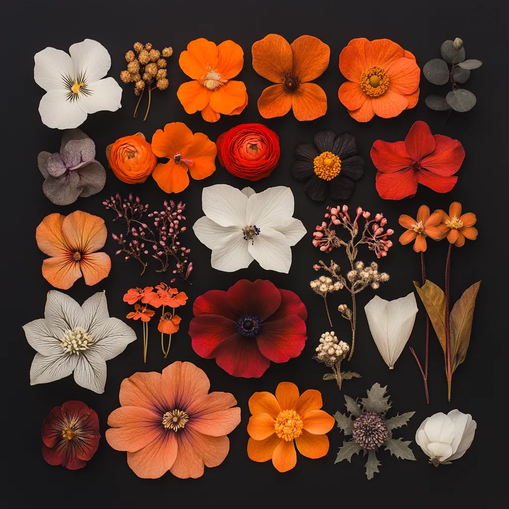 A curated collection of vibrant orange, red, and white flowers is artfully arranged on a black background.  The flowers, ranging from ranunculus to anemones and other blooms, are meticulously placed in a grid-like pattern, creating a visually striking composition.  Delicate stems and foliage add texture and depth to the floral display.  The overall effect is one of sophisticated elegance and natural beauty.