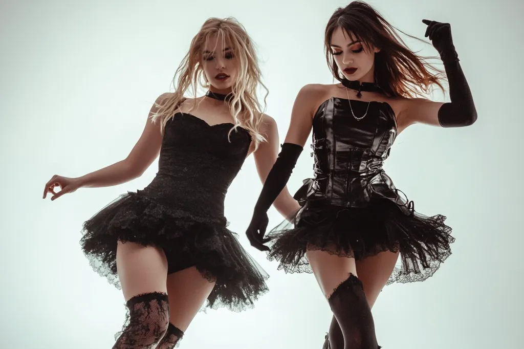 Two women in black gothic-style outfits pose against a light grey background.  One wears a black lace corset and tutu, the other a black lace bodice and tutu. Both have black gloves and stockings, creating a dark, dramatic aesthetic.  Their poses suggest movement and energy, perhaps hinting at a performance or photoshoot.  The overall mood is stylish and mysterious.
