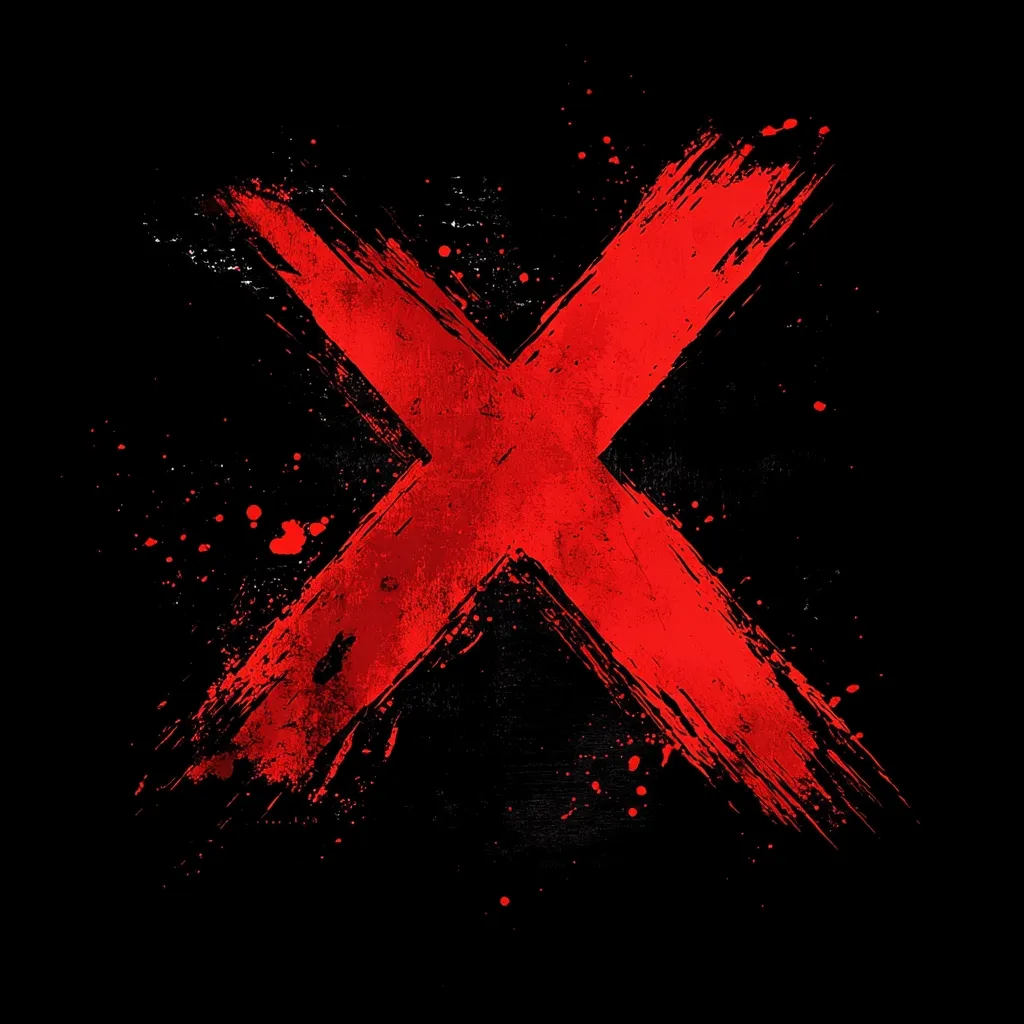 A large, red X dominates the image, painted with bold, textured strokes against a black background.  The X is roughly formed, with visible brushstrokes and splatters of red paint giving it a raw, energetic feel. The overall effect is grunge and dramatic, suggesting cancellation, rejection, or a forceful negation.