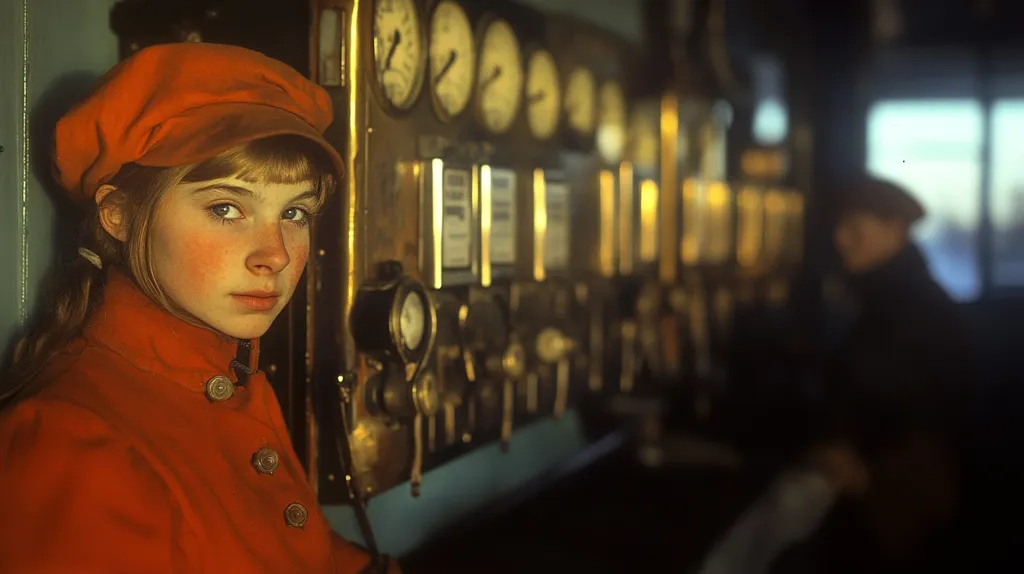 A young girl with rosy cheeks, wearing a bright orange cap and matching coat, stands against a wall next to an old control panel filled with gauges and meters.  The panel is brass and teal, suggesting an industrial setting.  A blurred figure is visible in the background, adding depth to the scene.  The overall tone is warm and slightly nostalgic.