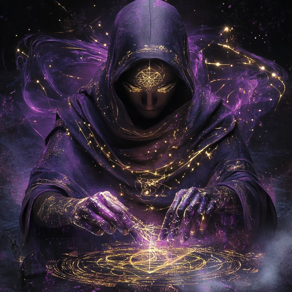 A hooded figure, cloaked in deep purple and adorned with golden, celestial patterns, sits before a glowing circular surface.  Their hands, similarly marked with luminous designs, hover over the arcane symbol, emitting a radiant energy.  The background is a swirling nebula of purple and gold, enhancing the mystical atmosphere. The image evokes a sense of power and otherworldly magic.