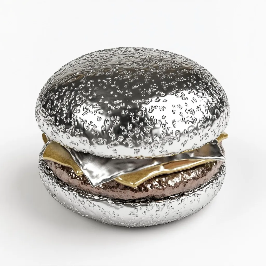 A 3D rendering of a hamburger entirely covered in a metallic, silver textured surface.  The bun, patty, and cheese are all rendered with the same silver material, creating a striking, unusual visual effect. The image is set against a plain white background, emphasizing the metallic burger's unique appearance.  The texture suggests a foil-like coating.