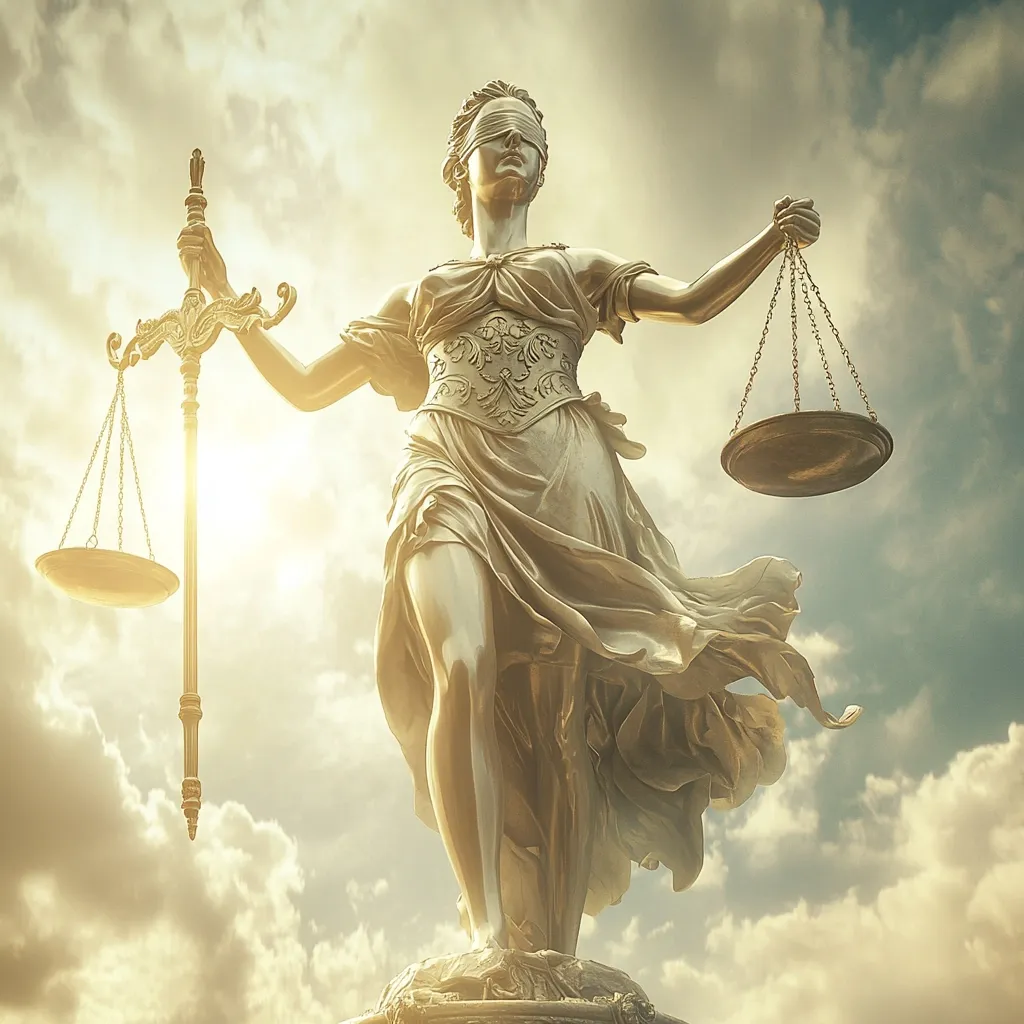 A majestic statue of Lady Justice, blindfolded and holding scales of justice, stands against a dramatic, sunlit sky.  The golden hue of the statue and the clouds creates a powerful image of fairness and impartiality.  Her flowing robes suggest movement and the weight of her task.  The scales, balanced in her hands, symbolize the equal weight given to both sides of the law.