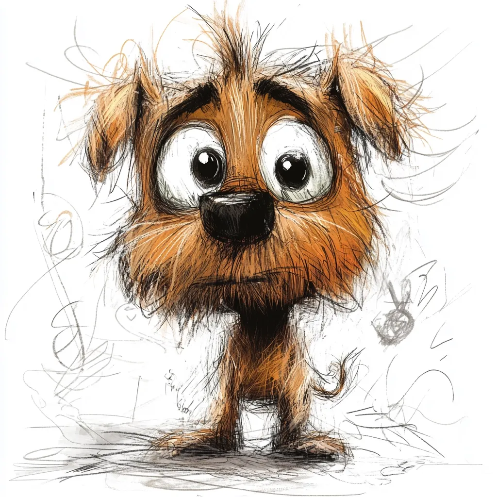 A whimsical illustration of a small, scruffy dog with large, expressive eyes.  The dog appears apprehensive or sad, its fur rendered in loose, sketchy strokes of brown.  The background features faint, expressive markings that add to the artwork's playful, slightly chaotic feel. The overall style is cartoonish and expressive, conveying a sense of endearing vulnerability.