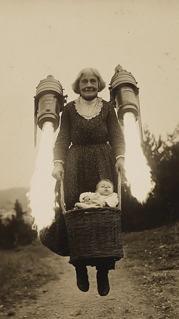 A sepia-toned photograph depicts an elderly woman seemingly propelled by two large, flame-emitting devices strapped to her back.  She carries a baby in a wicker basket. The scene is outdoors, on a dirt road, with trees visible in the background. The image has a whimsical, surreal quality, suggesting a fantastical or humorous flight.