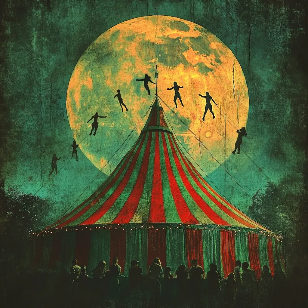 A large circus tent stands beneath a colossal, textured moon.  Silhouetted figures are suspended mid-air, seemingly flying on wires attached to the tent's peak.  A crowd of onlookers gathers below, their forms dark against the vibrant colors of the tent and the moody, atmospheric backdrop. The overall style evokes a vintage, slightly unsettling, carnivalesque scene.