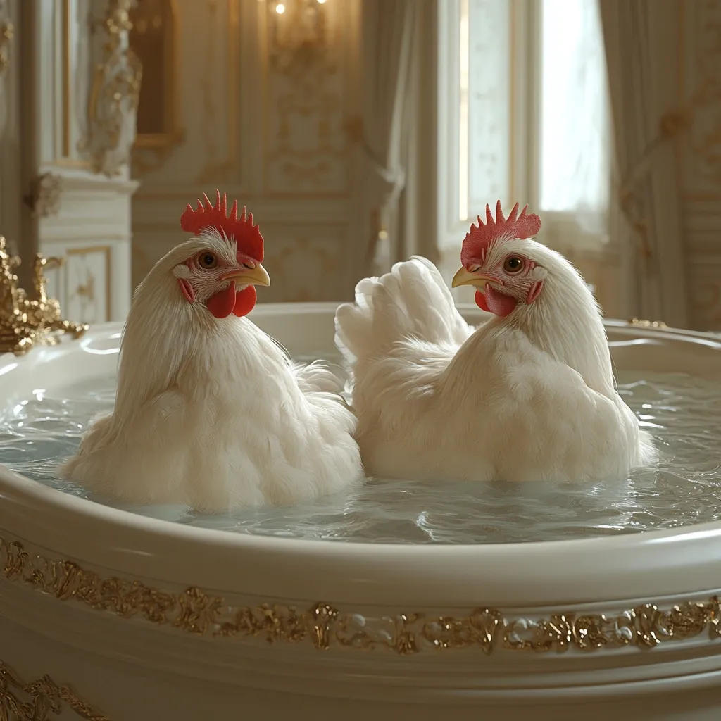 Two white chickens luxuriate in a large, ornate, white bathtub.  The tub is positioned in an elegant, brightly lit room with classical decor.  The chickens appear calm and relaxed, enjoying their unusual bath. The scene is surreal and humorous.