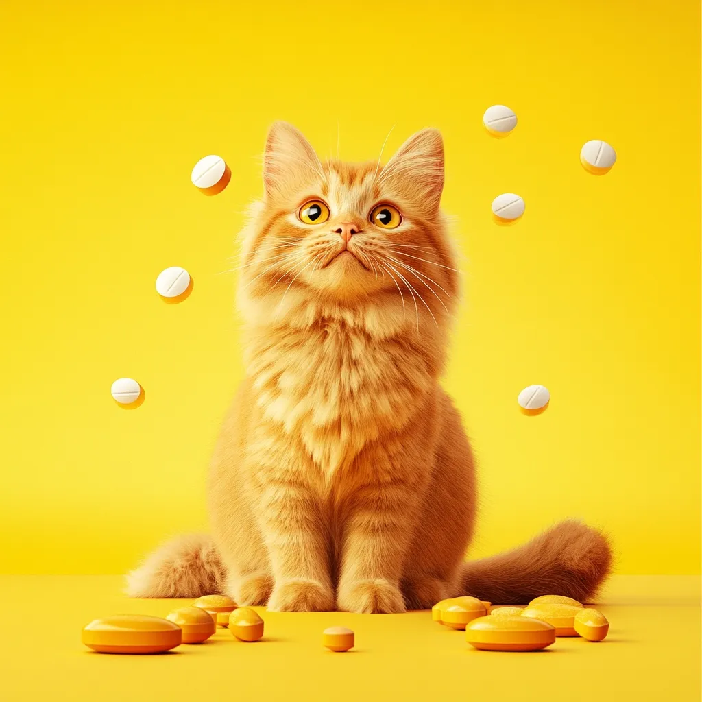 A fluffy ginger kitten sits on a yellow background, gazing upward at several floating white pills.  Scattered around the kitten are yellow capsules. The vibrant yellow creates a cheerful, yet slightly surreal, image, possibly suggesting a playful take on pet medication or vitamins.