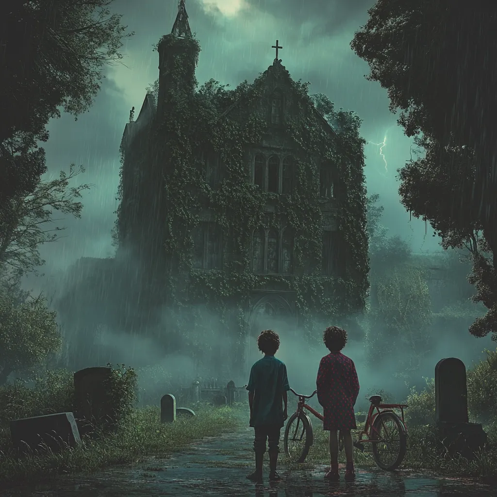 Two children stand before a crumbling, ivy-covered church on a rainy day.  The gothic architecture is partially obscured by overgrown vegetation.  A graveyard surrounds the church, adding to the somber atmosphere.  Lightning flashes in the stormy sky, casting a dramatic light on the scene.  The overall mood is eerie and mysterious.