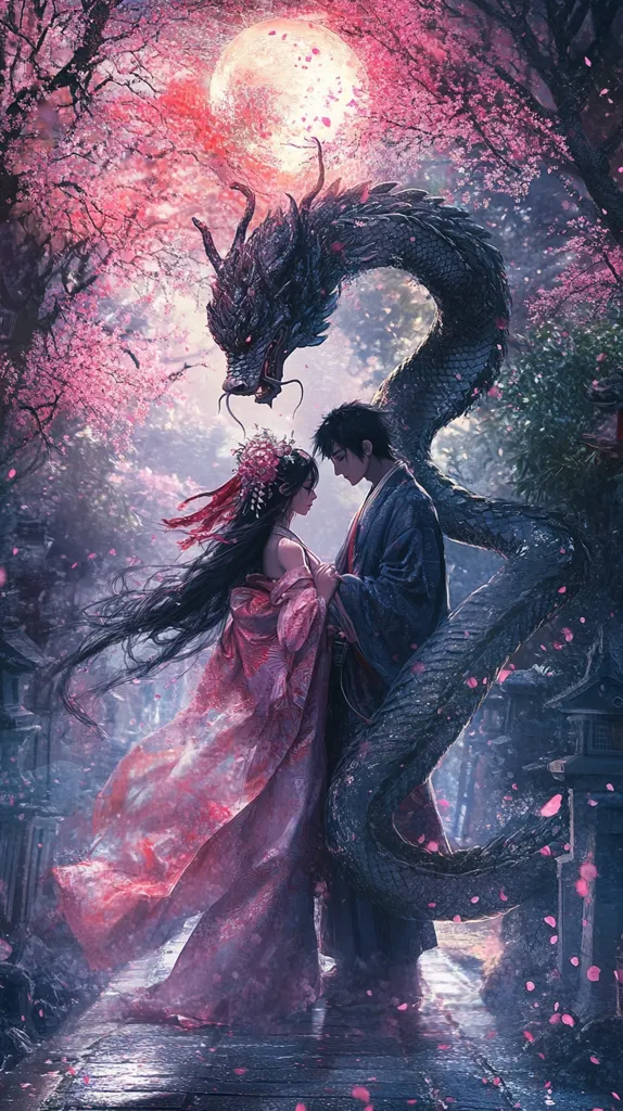 A romantic digital painting depicts a couple in traditional East Asian attire standing close under a large, full moon.  A massive, dark dragon coils around them, adding a mystical element.  Pink cherry blossoms fall around them, creating a serene yet magical atmosphere. The scene is rendered with a soft focus, emphasizing the romantic mood.  The couple's expressions are gentle and loving.
